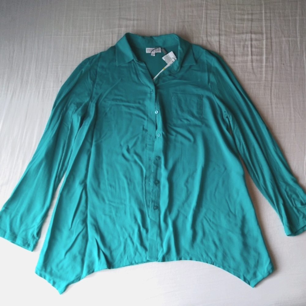 Joseph A. aqua button down Shirt Shark bite Hemline Top New Women's medium